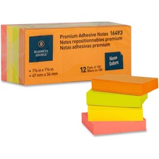 Business Source Premium Repostionable Adhesive Notes 1 1/2" Flag/Note Width x 2" Flag/Note Length - Rectangle - Unruled - Neon - Self-adhesive, Repositionable, Solvent-free Adhesive - 12 / Pack