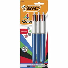 BIC 4-Color Retractable Ball Pen 1 mm Medium Conical Pen Point - Refillable - Retractable - Black, Blue, Green, Red Ink - Opaque Blue Barrel - 3 / Pack
