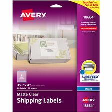 Avery&reg; Clear Shipping Labels, Sure Feed, 3-1/3" x 4" , 60 Labels (18664) 3 21/64" Width x 4" Length - Permanent Adhesive - Rectangle - Inkjet - Matte Clear - Matte - Film - Permanent Adhesive, Jam Resistant, Easy Peel, Pop Up Edge, Chlorine-free, PVC-