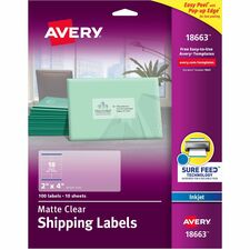 Avery&reg; Shipping Labels, Sure Feed, 2" x 4" , 100 Clear Labels (18663) 2" Width x 4" Length - Permanent Adhesive - Rectangle - Inkjet - Matte Clear - Matte - Film - Permanent Adhesive, Jam Resistant, Easy Peel, Pop Up Edge, Chlorine-free, PVC-free - 10