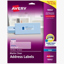 Avery&reg; Easy Peel Inkjet Printer Mailing Labels 1 21/64" Width x 4" Length - Permanent Adhesive - Rectangle - Inkjet - Matte Clear - Matte - Film - Permanent Adhesive, Peel & Stick, Pop Up Edge, Stick & Stay, Chlorine-free, PVC-free, Smudge-free, Jam-f