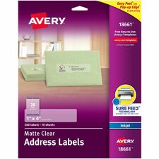 Avery&reg; Easy Peel Inkjet Printer Mailing Labels 1" Width x 4" Length - Permanent Adhesive - Rectangle - Inkjet - Matte Clear - Matte - Film - Permanent Adhesive, Peel & Stick, Pop Up Edge, Stick & Stay, Chlorine-free, PVC-free - 20 / Sheet - 20 Total S