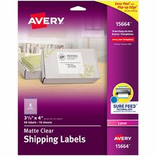 Avery&reg; Clear Shipping Labels, Sure Feed, 3-1/3" x 4" 300 Labels (15664) 3 21/64" Width x 4" Length - Permanent Adhesive - Rectangle - Laser - Matte - Clear - Film - Permanent Adhesive, Jam Resistant, Easy Peel, Pop Up Edge, Smudge Resistant, Peeling R