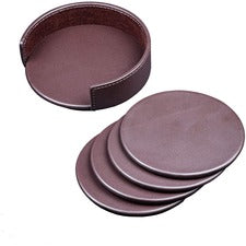 Dacasso Leather Coasters - Set of 4 with Holder Round - Chocolate Brown - Top Grain Leather, Felt - 1Each