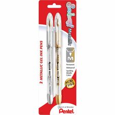 Pentel Arts Pentel Sunburst Metallic Color Permanent Gel Pens 0.8 mm Medium Pen Point - Refillable - Gold, Silver Ink - Gel-based - 2 / Pack