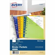 Avery&reg; Mini Binder Pockets, Assorted, 5.5" x 8.5" , 5ct (75307) 20 x Sheet, Paper, Photograph, Document Capacity - For 5 1/2" x 8 1/2" Sheet - 7 x Holes - Ring Binder - Rectangular - Green, Orange, Yellow, Purple, Blue - Polypropylene, Plastic - 5 / P