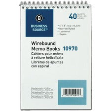 Business Source Wirebound Memo Books 40 Sheet(s) - Wire Bound - 4" x 6" Sheet Size - White - White Sheet(s) - 1 Dozen