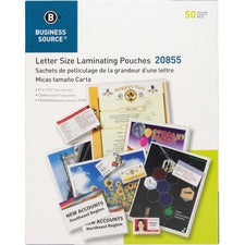 Business Source Letter Size Laminating Pouches Sheet Size Supported: Letter 8.50" Width x 11" Length - Laminating Pouch/Sheet Size: 9" Width x 11.50" Length x 5 mil Thickness - for Photo, Document, ID Badge, Recipe - Pre-trimmed - Clear - 50 / Box