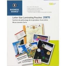 Business Source Letter Size Laminating Pouches Laminating Pouch/Sheet Size: 9" Width x 11.50" Length x 3 mil Thickness - for Document, ID Badge, Menu, Photo - Clear - 100 / Box