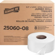 Genuine Joe Jumbo Dispenser Roll Bath Tissue 2 Ply - 3.50" Width x 1000 ft Length - 9" Roll Diameter - 3 19/64" Core - White - 8 / Carton