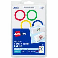Avery&reg; Color-Coding Labels, Removable Adhesive, 1-1/4" Diameter, 400 Labels 1 1/4" Diameter - Removable Adhesive - Round - Laser, Inkjet - Matte - Assorted, Green, Red, Blue - Paper - 8 / Sheet - 50 Total Sheets - 400 Total Label(s) - 400/Pack - 18 /