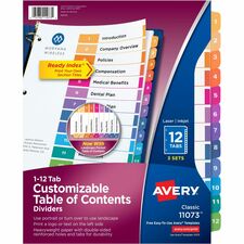 Avery&reg; Ready Index Custom TOC Binder Dividers 36 x Divider(s) - 1-12 - 12 Tab(s)/Set - 8.5" Divider Width x 11" Divider Length - 3 Hole Punched - White Paper Divider - Multicolor Paper Tab(s) - 3/Pack - 8 / Carton