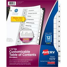 Avery&reg; Ready Index Classic Tab Binder Dividers 288 x Divider(s) - 288 Tab(s) - 1-12 - 12 Tab(s)/Set - 8.5" Divider Width x 11" Divider Length - 3 Hole Punched - White Paper Divider - White Paper Tab(s) - 3 Sets/Pack - 8 / Carton