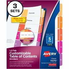 Avery&reg; Ready Index 5-tab Dividers 15 x Divider(s) - 1-5 - 5 Tab(s)/Set - 8.5" Divider Width x 11" Divider Length - 3 Hole Punched - White Paper Divider - Multicolor Paper Tab(s) - 3/Pack - 12 / Carton
