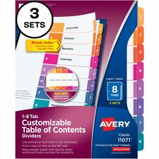 Avery&reg; Ready Index 8-tab Dividers 24 x Divider(s) - 1-8 - 8 Tab(s)/Set - 8.5" Divider Width x 11" Divider Length - 3 Hole Punched - White Paper Divider - Multicolor Paper Tab(s) - 3/Pack - 12 / Carton