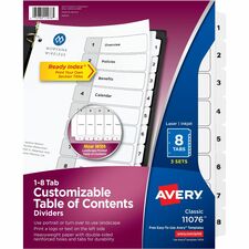 Avery&reg; Ready Index Classic Tab Binder Dividers 288 x Divider(s) - 288 Tab(s) - 1-8 - 8 Tab(s)/Set - 8.5" Divider Width x 11" Divider Length - 3 Hole Punched - White Paper Divider - White Paper Tab(s) - 3/Pack - 12 / Carton