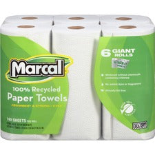 Marcal 100% Recycled Giant Roll Paper Towels 2 Ply - 140 Sheets/Roll - White - 6 Rolls Per Container - 6 / Pack