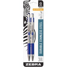 Zebra STEEL 3 Series G-301 Retractable Gel Pen 0.7 mm Pen Point - Refillable - Retractable - Blue Ink - Gel-based - Stainless Steel Barrel - 2 / Pack