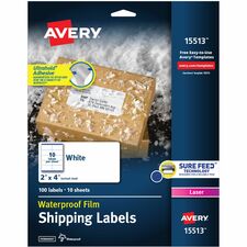 Avery&reg; 2" x 4" Labels, Ultrahold, 100 Labels (15513) Waterproof - 2" Width x 4" Length - Permanent Adhesive - Rectangle - Laser - Matte - White - Film - Permanent Adhesive, Scuff Resistant, Tear Resistant, Smudge Resistant, Customizable, Stick & Stay