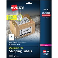 Avery&reg; 5-1/2" x 8-1/2" Labels, Ultrahold, 20 Labels (15516) Waterproof - 5 1/2" Width x 8 1/2" Length - Permanent Adhesive - Rectangle - Laser - Matte - White - Film - Permanent Adhesive, Durable, Stick & Stay, Customizable, Scuff Resistant, Tear Resi