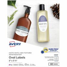 Avery&reg; Easy Peel Labels -Sure Feed - Print-to-the-Edge Waterproof - 2" Width x 3 21/64" Length - Permanent Adhesive - Oval - Inkjet, Laser - Textured Matte White - Matte White - Paper - Water Resistant - 8 / Sheet - 8 Total Sheets - 80 Total Label(s)