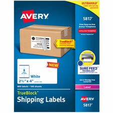 Avery&reg; Printable Shipping Labels, 2.5" x 4" , 800 Labels (5817) 2 1/2" Width x 4" Length - Permanent Adhesive - Rectangle - Laser - White - Paper - Durable - 8 / Sheet - 100 Total Sheets - 800 Total Label(s) - 800 / Box