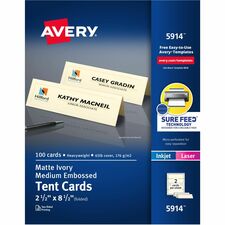 Avery&reg; Sure Feed Embossed Tent Cards 79 Brightness - Letter - 8 1/2" x 11" - 65 lb Basis Weight - 176 g/m&#178; Grammage - Embossed, Matte - Rounded Corner, Heavyweight, Printable, Smooth Edge, Pre-scored, Foldable, Jam-free, Double-sided, Micro Perfo