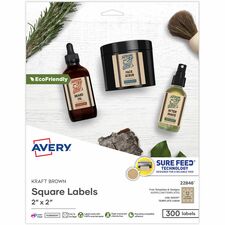 Avery&reg; Promotional Label Waterproof - 2" Width x 2" Length - Permanent Adhesive - Square - Inkjet, Laser - Matte Kraft Brown - Matte - Paper - Bleed Resistant, Curl Resistant, Customizable, Easy Peel, Peeling Resistant, Permanent Adhesive, Pop Up Edge