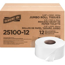 Genuine Joe Jumbo Roll Bath Tissues 2 Ply - 3.25" Width x 1000 ft Length - 9" Roll Diameter - 3.30" Core - White - 12 / Carton