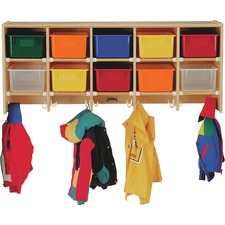 Jonti-Craft 10 Section Wall Mount Coat Locker 10 Compartment(s) - 20" Height x 48" Width x 15.50" Depth - Hanging Hook, Sturdy, Stain Resistant, Non-yellowing - Oak - Baltic Birch - 1 Each