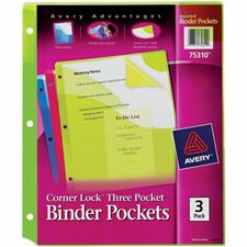 Avery&reg; Corner Lock Binder Pockets, Assorted, 3ct (75310) 20 x Page, Paper, Photograph, Document Capacity - For Letter 8 1/2" x 11" Sheet - 3 x Holes - Ring Binder - Rectangular - Blue, Green, Pink - Polypropylene, Plastic - 3 / Pack