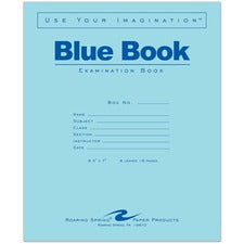 Roaring Spring Blue Book 8-sheet Exam Booklet 8 Sheets - Stapled - Ruled Margin - 15 lb Basis Weight - 7" x 8 1/2" Sheet Size - White Paper - Blue Cover - Dual Sided - 1 Each