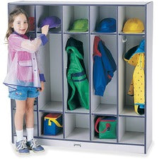 Jonti-Craft Rainbow Accents 5-section Coat Locker 5 Compartment(s) - 50.50" Height x 48" Width x 15" Depth - Durable, Laminated, Kick Plate, Double Hook - Navy Blue - 1 Each