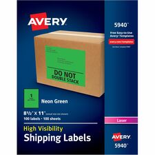 Avery&reg; Neon Shipping Labels, 8-1/2" x 11" , 100 Labels (5940) x 8 1/2" Width x 11" Length - Full Sheet - Permanent Adhesive - Rectangle - Laser - Neon Green - Paper - Permanent Adhesive, Stick & Stay, Smudge Resistant - 1 / Sheet - 100 Total Sheets -