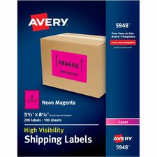 Avery&reg; Neon Shipping Labels, 5-1/2" x 8-1/2" , 200 Labels (5948) x 5 1/2" Width x 8 1/2" Length - Half Sheet - Permanent Adhesive - Rectangle - Laser - Neon Magenta - Paper - Permanent Adhesive, Stick & Stay, Smudge Resistant - 2 / Sheet - 100 Total S