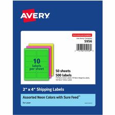Avery&reg; 2"x 4" Neon Shipping Labels with Sure Feed, 500 Labels (5956) 2" Width x 4" Length - Permanent Adhesive - Rectangle - Inkjet, Laser - Neon Magenta, Neon Green, Neon Yellow - Paper - Permanent Adhesive, Jam Resistant, Stick & Stay, Smudge Resist