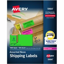 Avery&reg; 2"x 4" Neon Shipping Labels with Sure Feed, 1,000 Labels (5964) 2" Width x 4" Length - Permanent Adhesive - Rectangle - Inkjet, Laser - Neon Magenta, Neon Green, Neon Yellow - Paper - Permanent Adhesive, Jam Resistant, Stick & Stay, Smudge Resi