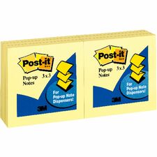 Post-it&reg; Pop-up Notes 3" Flag/Note Width x 3" Flag/Note Length - Square - 100 Sheets per Pad - Unruled - Canary Yellow - Paper - Self-adhesive, Repositionable - 12 / Pack