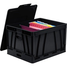 Storex Collapsible Storage Crate External Dimensions: 14.3" Width x 17.3" Depth x 10.5" Height - 45 lb - 9.25 gal - Media Size Supported: Letter, Legal - Lid Lock Closure - Heavy Duty - Stackable - Plastic - Black - For File Folder, Letter, Document, File