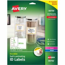 Avery&reg; Easy Align ID Label 2 5/16" Width x 3 5/16" Length - Permanent Adhesive - Rectangle - Inkjet, Laser - White - Film - 4 / Sheet - 25 Total Sheets - 100 Total Label(s) - 100 / Pack