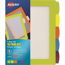 Avery&reg; Big Tab&trade; UltraLast&trade; Plastic Dividers for Laser and Inkjet Printers, 5 tabs 5 x Divider(s) - 5 Write-on Tab(s) - 5 - 5 Tab(s)/Set - 8.5" Divider Width x 11" Divider Length - 3 Hole Punched - Multicolor Plastic Divider - Multicolor Pl