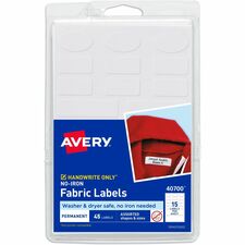 Avery&reg; No-Iron Clothing Labels - Assorted Shapes & Sizes Waterproof - Permanent Adhesive - Assorted - Matte - White - Film - Permanent Adhesive, Durable, Washing Resistant, Dryer Safe, Stick & Stay, Long Lasting - 15 / Sheet - 3 Total Sheets - 45 Tota