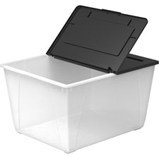 Storex 60L Flip Top File Storage Tote External Dimensions: 22.7" Length x 18.3" Width x 12.9" Height - 50 lb - 15.85 gal - Media Size Supported: Legal, Letter - Flip Top Closure - Stackable - Plastic - Clear, Black - For File, Office Supplies, Decoration