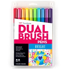 Tombow Dual Brush Pen Set Hot Pink, Orange, Chartreuse, Willow Green, Purple, Rubine Red, Process Yellow, Reflex Blue, Imperial Purple Ink - Water Based - Nylon Tip - 10 / Pack
