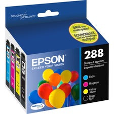 Epson DURABrite Ultra 288 Original Standard Yield Inkjet Ink Cartridge - Pigment Black, Pigment Cyan, Pigment Magenta, Pigment Yellow - 4 / Pack 165 Pages Color, 175 Pages Black