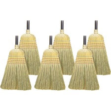 Genuine Joe Warehouse Broom Corn Fiber Bristle - 38" Handle Length - Lacquered Wood Handle - Natural - 6 / Carton