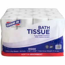 Genuine Joe Solutions Double Capacity Bath Tissue 2 Ply - 1000 Sheets/Roll - 45/64" Core - White - Virgin Fiber - 36 / Carton