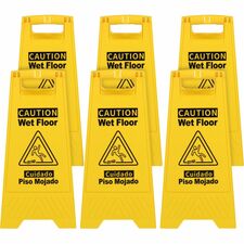 Genuine Joe Universal Graphic Wet Floor Sign English, Spanish - Print/Message "Wet Floor" - Foldable - Yellow - 6 / Carton