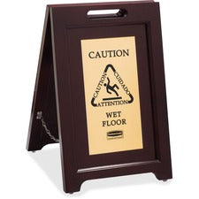 Rubbermaid Commercial Brass Plaque Wooden Caution Sign Print/Message "Caution" , "Attention" , "Cuidado" , "Wet Floor" - 15" Width x 23.5" Height x 16.2" Depth - Rectangular Shape - Black Print/Message Color - Double Sided - Durable, Carry Handle, Multili