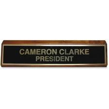 Xstamper Wood Base Brass Plated Desk Sign 10" Width x 2" Height - Rectangular Shape - Brass, Walnut Wood - Black - 1 Each
